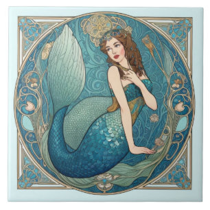 Vintage Sjöjungfru Art nouveau Retro Deco Teal Kakelplatta