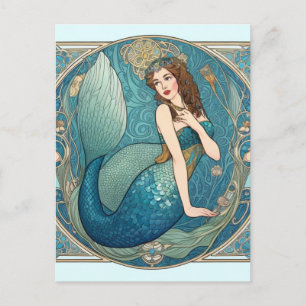 Vintage Sjöjungfru Art nouveau Retro Deco Teal Vykort