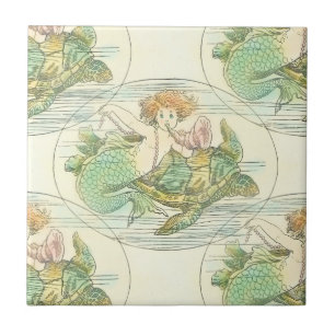 Vintage Sjöjungfru med Sea Turtle Nautical Mönster Kakelplatta