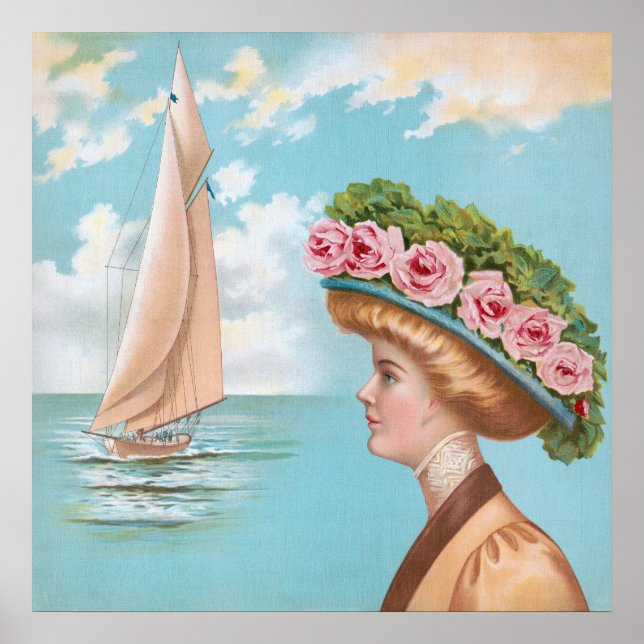 Vintage sjöjungfru rosa ros hatt segelbåt konst poster (Framsidan)