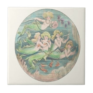Vintage Sjöjungfru Sisters Swimming with Goldfish Kakelplatta