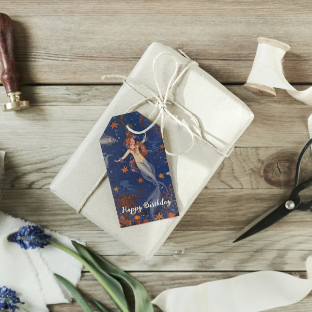 Vintage Sjöjungfru Undersea Blue Birthday Presentetikett (Skapare uppladdad)