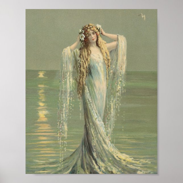 Vintage Sjöjungfru Vatten Maiden Sea Maiden Sjöjun Poster (Framsidan)