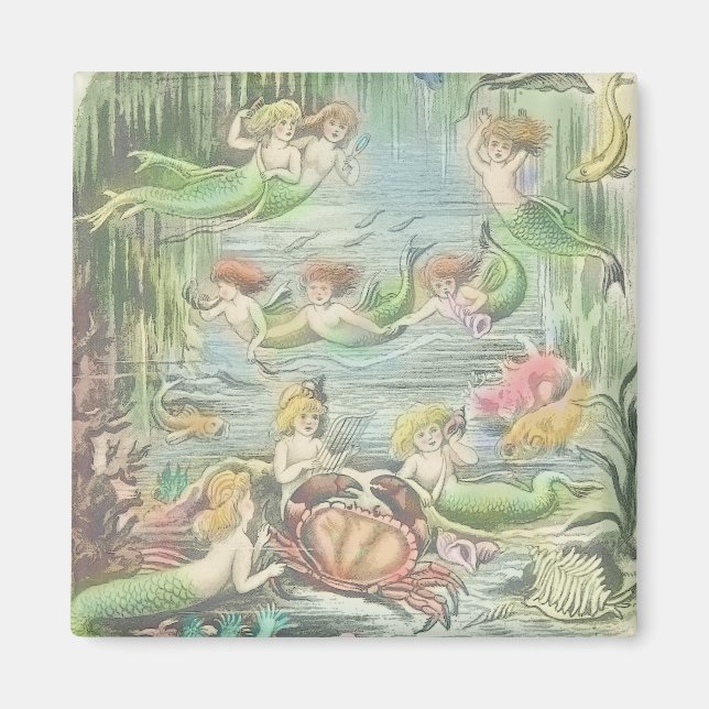 Vintage Sjöjungfruar med krabba och sjömansfartyg Magnet (Framsidan)