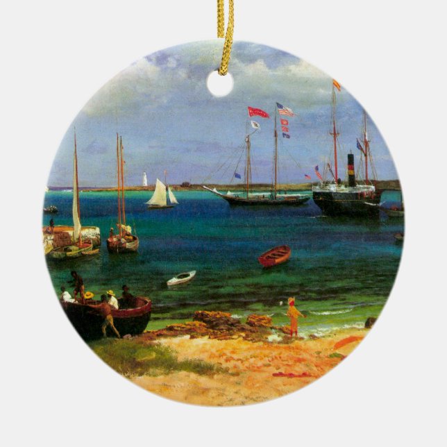 Vintage Sjölandskap, Nassau Harbour av Bierstadt Julgransprydnad Keramik (Framsidan)