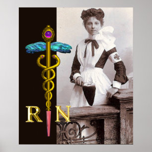 VINTAGE SJUKSKÖTERSKA och Gul Caduceus NR Emblem Poster