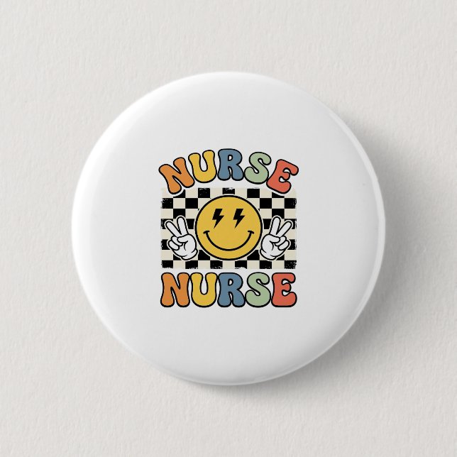 Vintage Sjuksköterska Smiley Rutig Tröja Design_1 Knapp (Framsida)