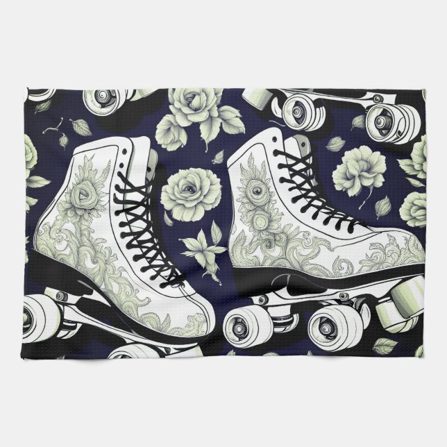 Vintage Skates, svartvitt Kökshandduk (Horisontell)