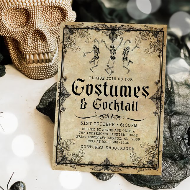 Vintage Skeleton Costumes & Cocktail Halloween Inbjudningar (Skapare uppladdad)