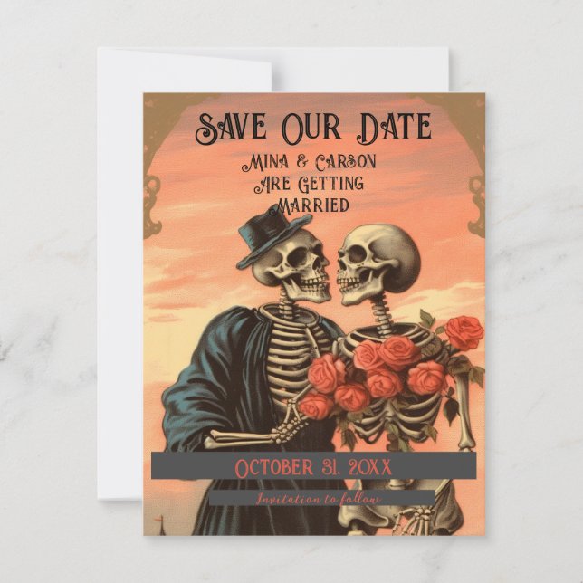 Vintage Skeleton Couple Goth Halloween Photo Spara Datumet (Framsida)