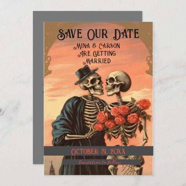Vintage Skeleton Couple Goth Halloween Spara Datumet (Fram/baksida)