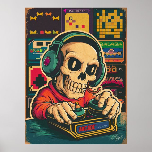 Vintage Skeleton Gaming Älskare Poster (Framsidan)