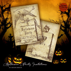 Vintage Skeleton Gravsten Gothic Halloween fest Inbjudningar