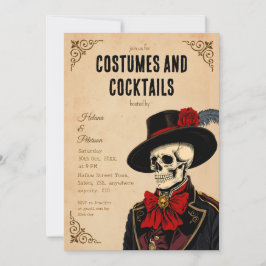 Vintage Skeleton Halloween Costumes and Cocktails Inbjudningar