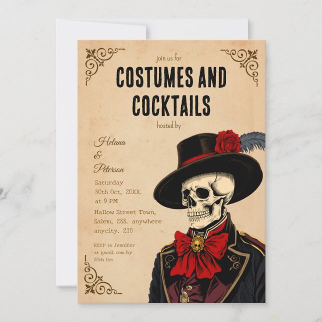 Vintage Skeleton Halloween Costumes and Cocktails Inbjudningar (Framsida)