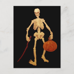 Vintage Skeleton Holding a Stick och Pumpkin Vykort