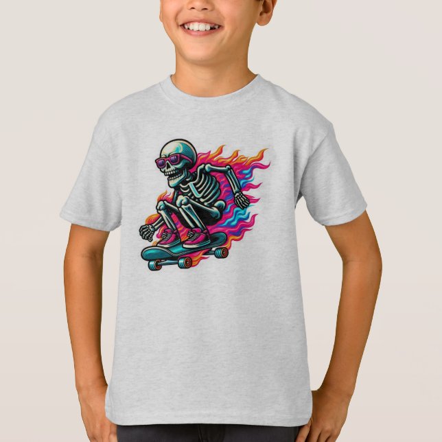 Vintage Skeleton på Skateboard-ridpojkar Halloween T Shirt (Framsida)