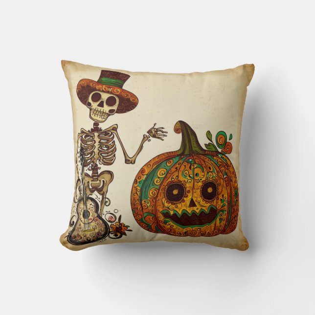 Vintage Skeleton/Pumpkin Day of the dead Kudde (Framsida)