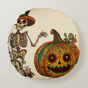 Vintage Skeleton/Pumpkin Day of the dead Rund Kudde
