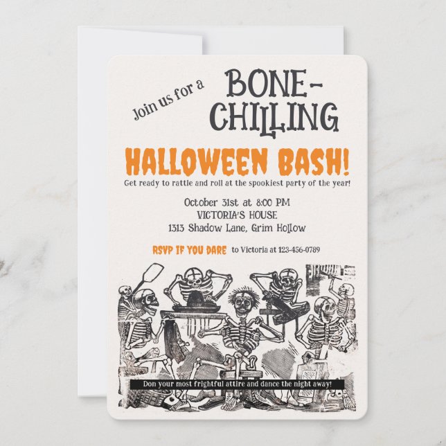 Vintage Skelett Ben-kylande Halloweenfest Inbjudningar (Framsida)