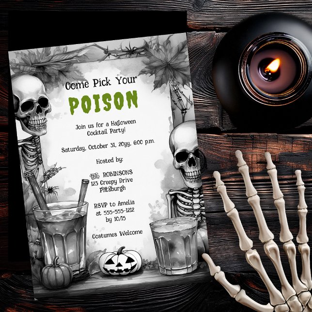 Vintage Skelett Giftigt Cocktail Halloweenfest Inbjudningar (Vintage skeleton poison cocktail Halloween party invitation)