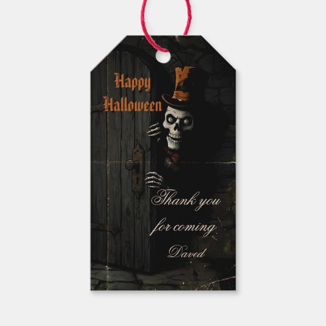 Vintage Skelett Halloween Presentetikett (Framsidan)