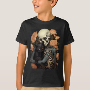 Vintage skelett som håller en svart katt Halloween T Shirt