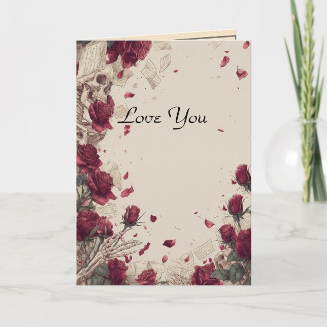 Vintage skelettskalle kärlek röd ros collage helgkort (Framsida)