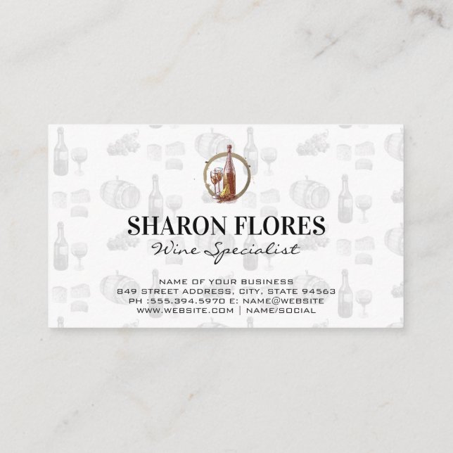 Vintage Sketch Vin Glass och Flaska Visitkort (Baksida)