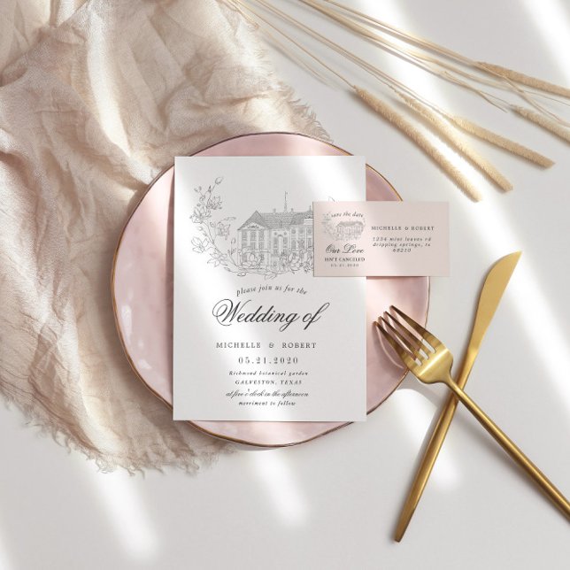 Vintage Sketched Blommigt Destination Wedding Inbjudningar (Skapare uppladdad)