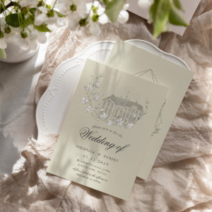Vintage Sketched Blommigts Destination Wedding Inbjudningar