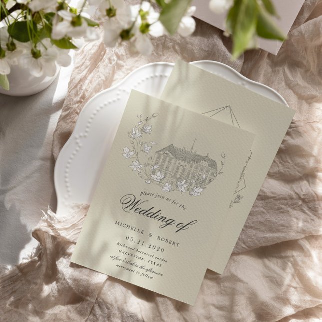 Vintage Sketched Blommigts Destination Wedding Inbjudningar (Skapare uppladdad)