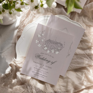 Vintage Sketched Blommigts Destination Wedding Inbjudningar