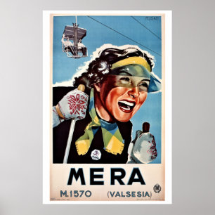 Vintage ski Mera Valsesia Italienska resa Poster