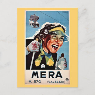 Vintage ski Mera Valsesia Italienska reseaffisch Vykort