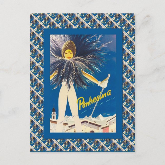 Vintage Ski Poster, Pontresina Vykort (Framsida)