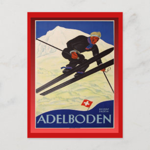 Vintage Ski Poster, Schweiz, Adelboden Vykort