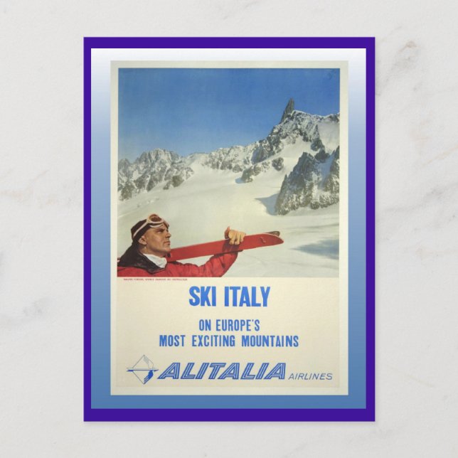 Vintage Ski Poster, Ski Italien, Alitalia Vykort (Framsida)