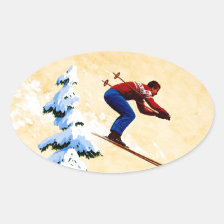 Vintage Ski Poster, Ski jumper och gräs träd Ovalt Klistermärke