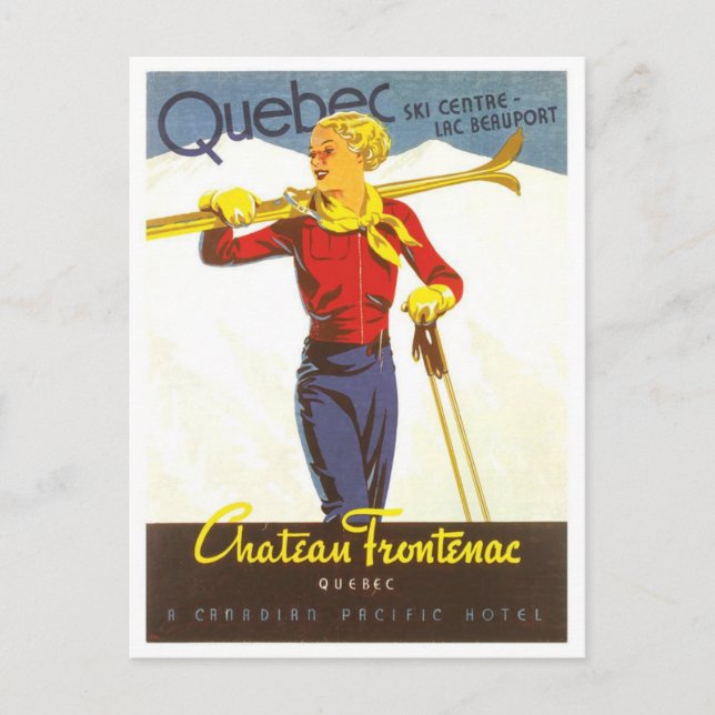 Vintage Ski Quebec Canada Chateau Frontenac Vykort (Framsida)