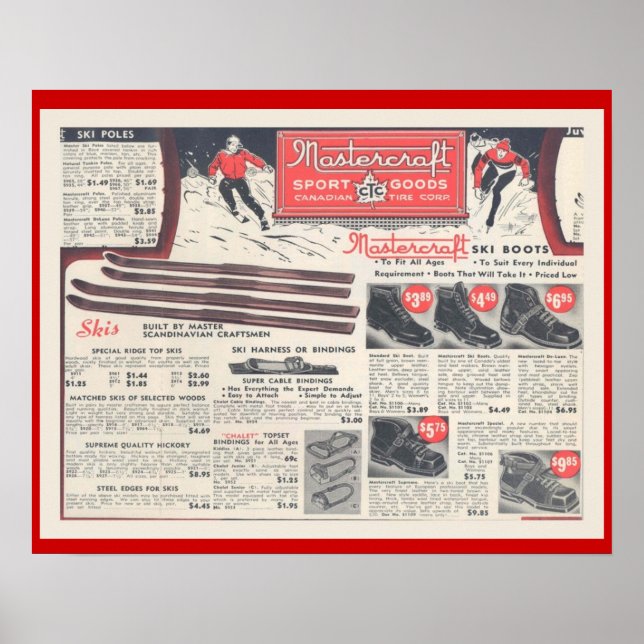 Vintage Ski-reklam, skidor och utrustning Poster (Framsidan)