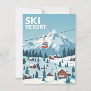 Vintage Ski Resort Travel Poster - Snowy Mountain Vykort
