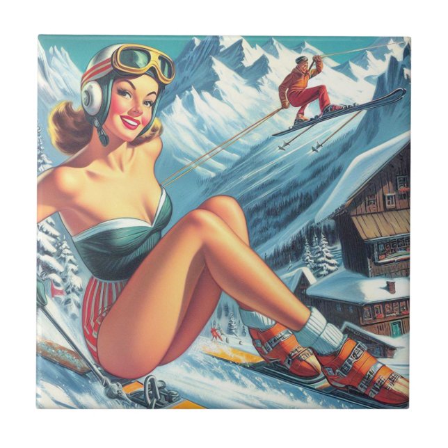 Vintage Ski-stift uppåt Kakelplatta (Framsidan)