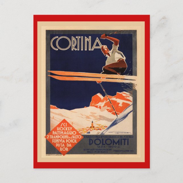 Vintage skidar affischen, italien, vykort (Framsida)
