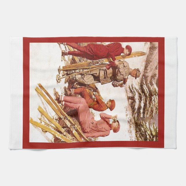 Vintage skidar affischen, mode på pisten kökshandduk (Horisontell)