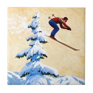 Vintage skidar affischen, skidar jumper och sörjer kakelplatta