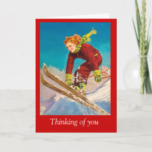 Vintage skidar affischen, sluttande skier för dam kort