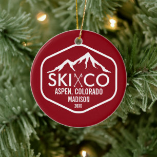Vintage skidar den asp- Colorado för berglogotype Julgransprydnad Keramik
