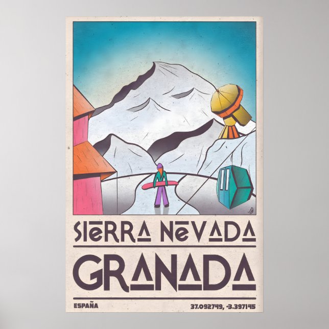 Vintage skidortstryck - Snötäckt berg och Poster (Framsidan)