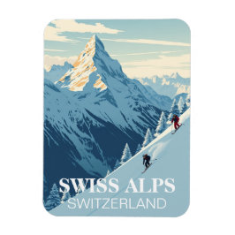 Vintage Skiers Swiss Alpernas Schweiz Travel Magnet